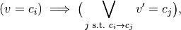 (v = c_i) \implies \big(\bigvee_{j \text{ s.t. } c_i \to c_j} v' = c_j\big),
